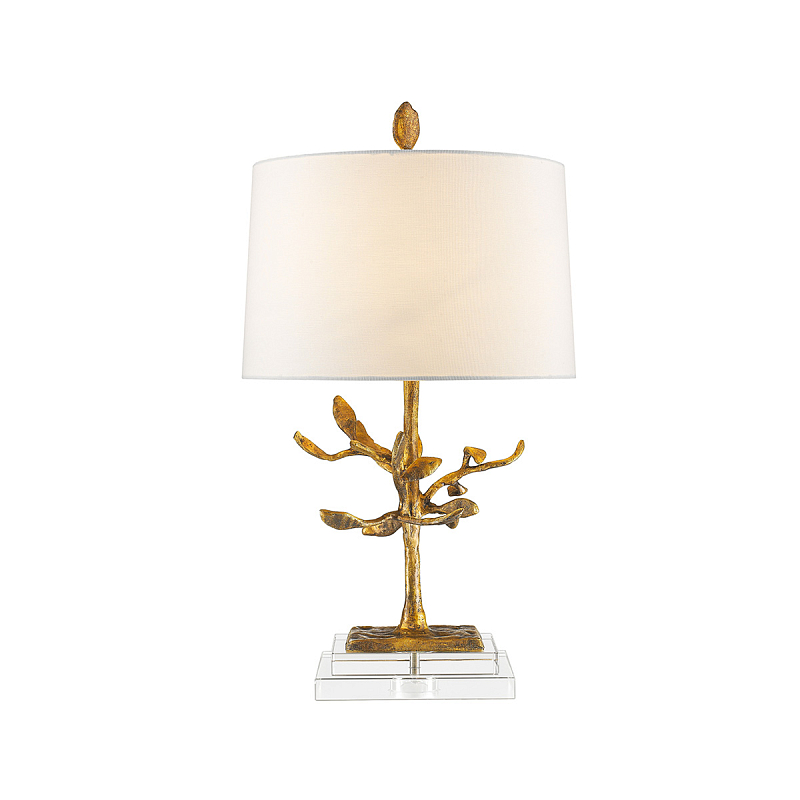 Настольная лампа с кремовым льняным цилиндрическим абажуром и ножкой в форме золотистой ветки Gilded Nola Золотой Белый Бежевый в Кирове | Loft Concept 