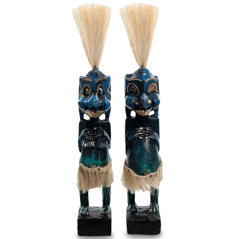 Комплект из 2-х деревянных статуэток Asmat Straw Headdress Statuettes Blue Синий Бирюзовый Бежевый Комплект из 2-х деревянных статуэток Asmat Straw Headdress Statuettes Blue Синий Бирюзовый Бежевый в Кирове | Loft Concept