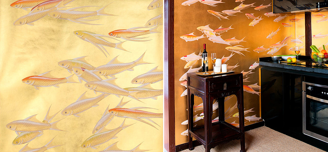 Обои ручная роспись Fishes Koi on Deep Rich Gold gilded paper Обои ручная роспись Fishes Koi on Deep Rich Gold gilded paper - Loft-Concept в Кирове