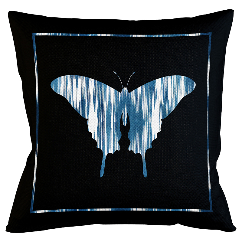 Подушка декоративная Бабочка с синим узором Ikat Pattern Черный Белый Синий Бежевый Подушка декоративная Бабочка с синим узором Ikat Pattern Черный Белый Синий Бежевый в Кирове | Loft Concept