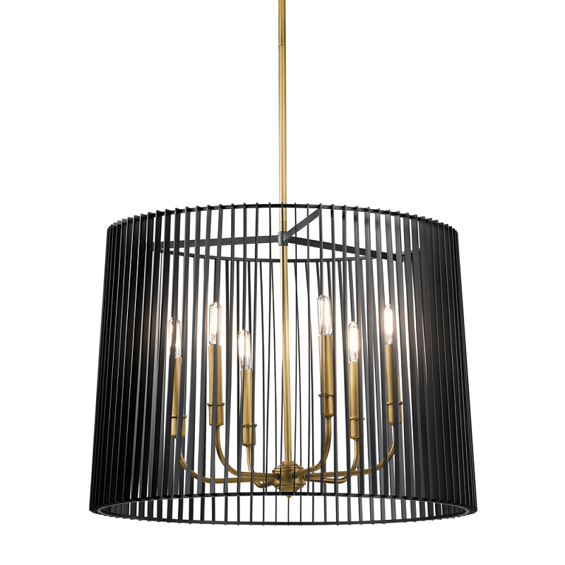 Люстра цвета латунь с 6-ю лампами свечами внутри цилиндрического абажура из черных металлических реек Kichler Латунь Черный в Кирове | Loft Concept 