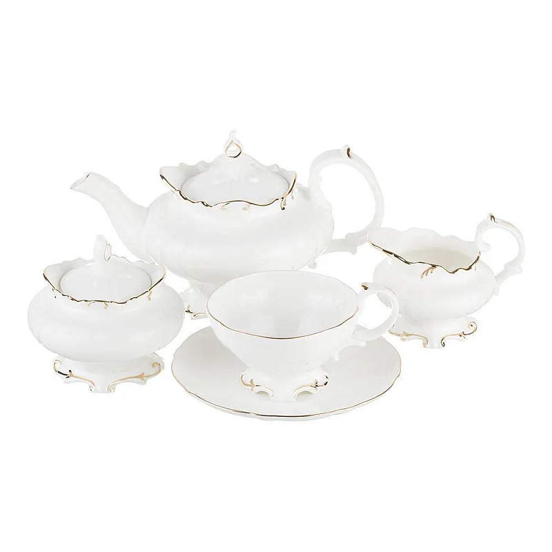 Чайный сервиз белого цвета из фарфора на 6 персон 15 предметов Shine Porcelain Белый Золотой в Кирове | Loft Concept 