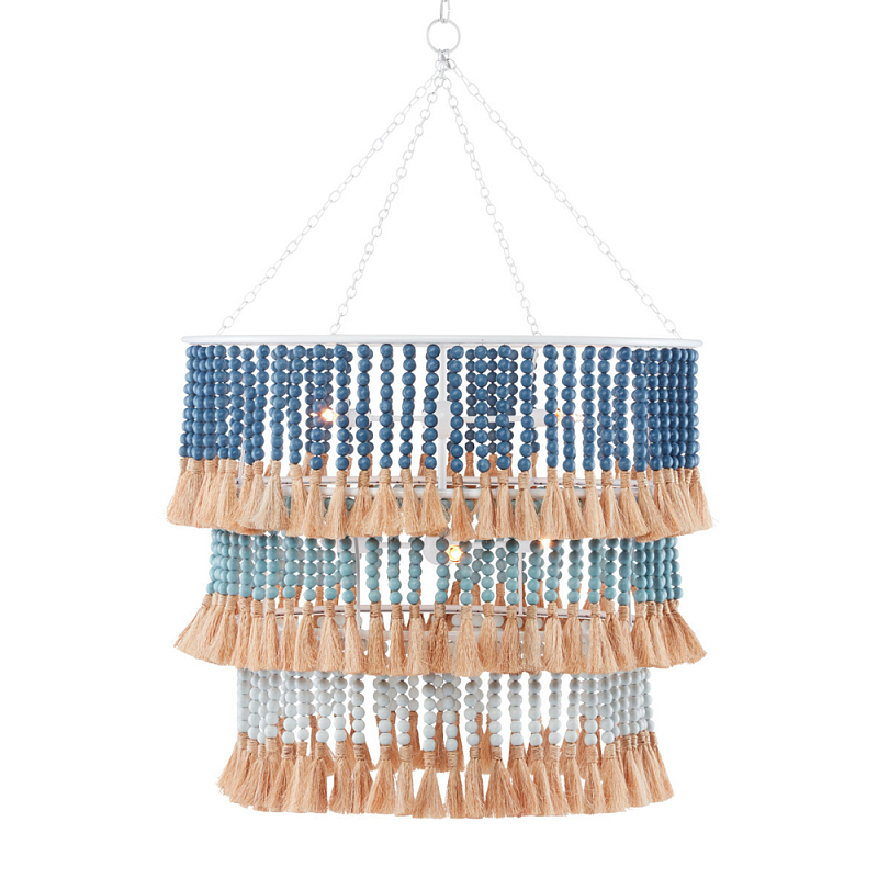Люстра трехъярусная с декором из круглых деревянных бусин с кисточками Blue Wooden Beads Chandelier Бежевый Синий Голубой в Кирове | Loft Concept 