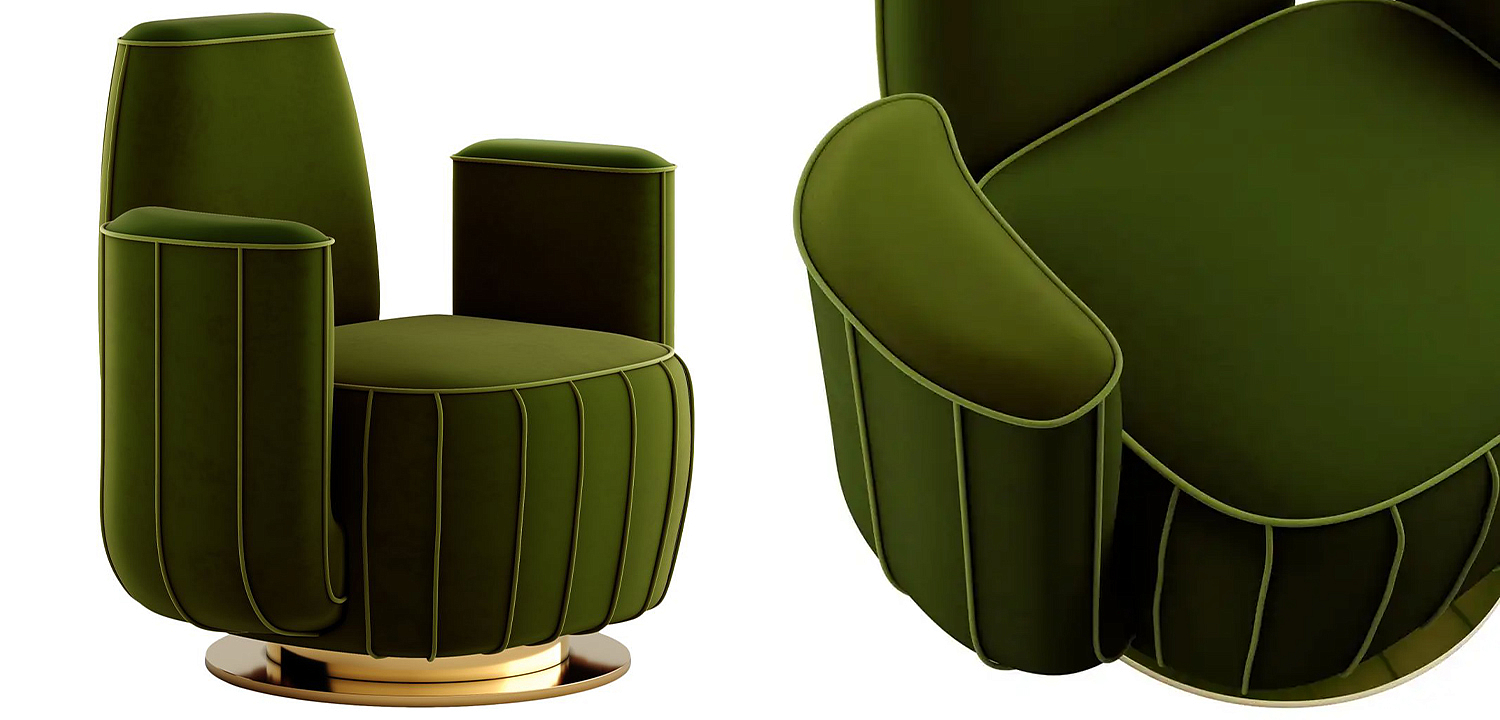 Дизайнерское Кресло-Кактус Modern Green Velvet Armchair Cactus Shape with Gold Swivel Base - Loft-Concept в Кирове