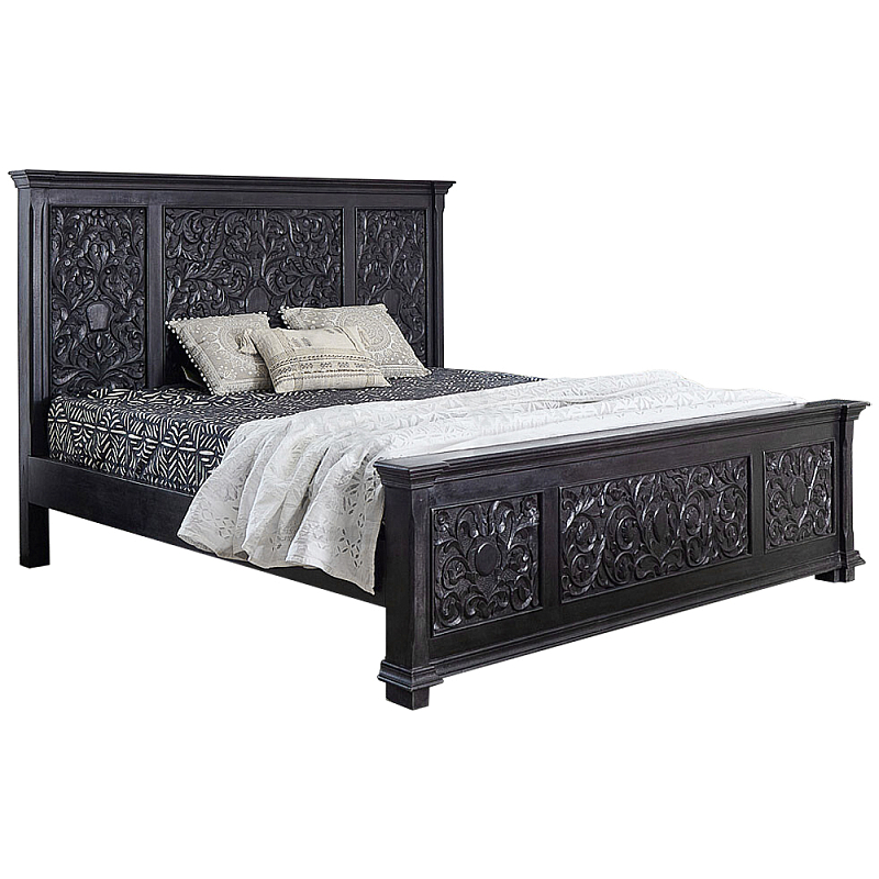 Двуспальная кровать из массива манго с резьбой Vega Grey Mango Bed Черный Серо-бежевый Двуспальная кровать из массива манго с резьбой Vega Grey Mango Bed Черный Серо-бежевый в Кирове | Loft Concept