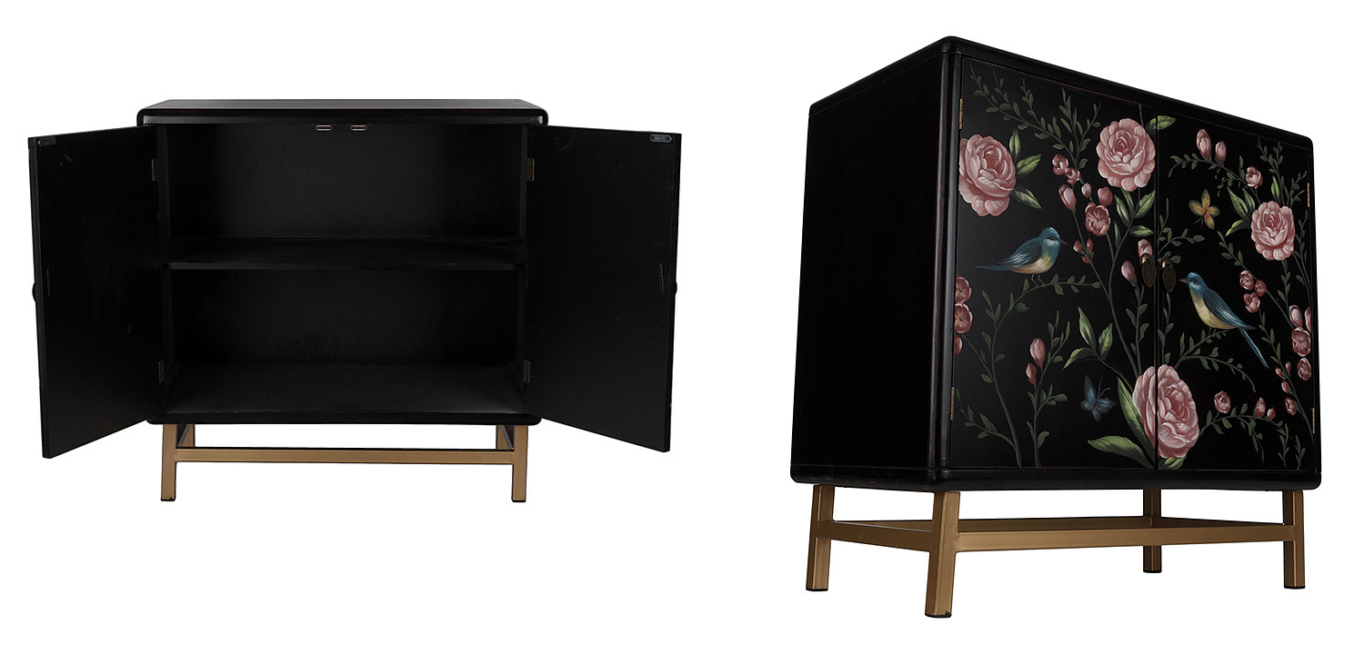 Комод с росписью птицы и цветы Black Chest Of Drawers Peonies Черный Комод с росписью птицы и цветы Black Chest Of Drawers Peonies Черный - Loft-Concept в Кирове