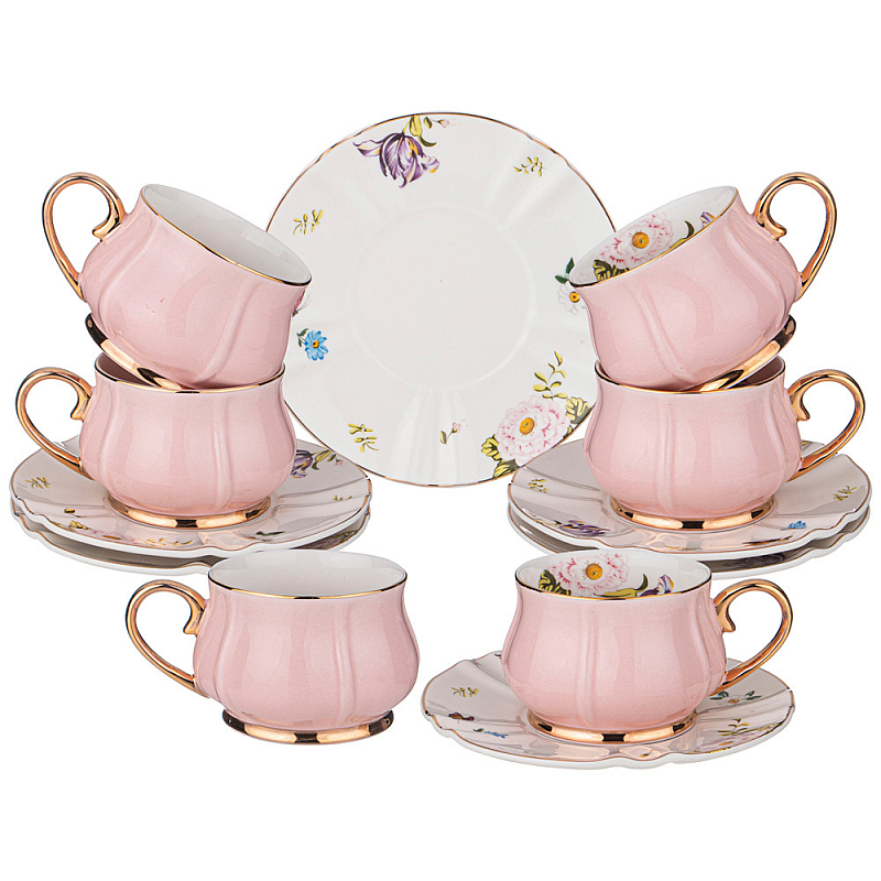 Чайный набор из фарфора на 6 персон 12 предметов Tea Porcelain Set Белый Золотой Розовый Чайный набор из фарфора на 6 персон 12 предметов Tea Porcelain Set Белый Золотой Розовый в Кирове | Loft Concept