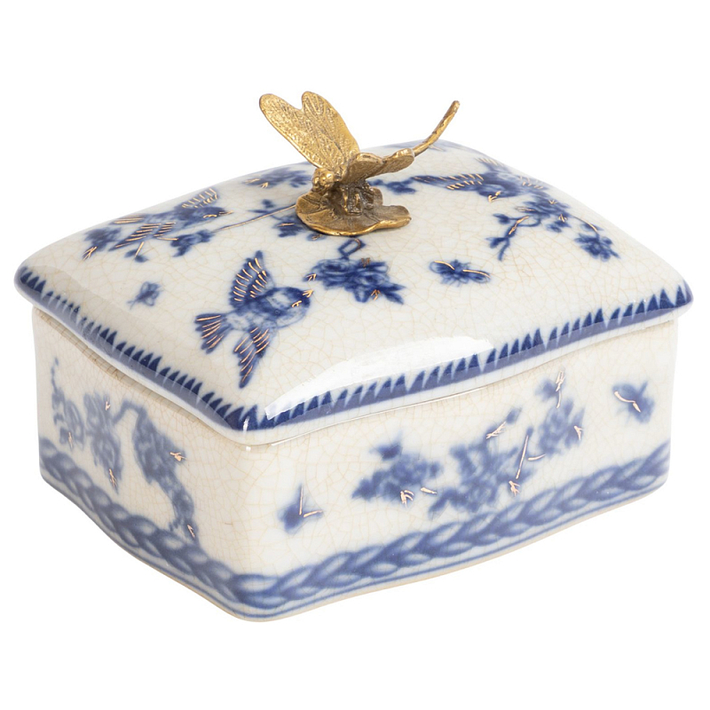 Фарфоровая шкатулка с бронзовой стрекозой Blue and White Синий Бронза Белый Фарфоровая шкатулка с бронзовой стрекозой Blue and White Синий Бронза Белый в Кирове | Loft Concept