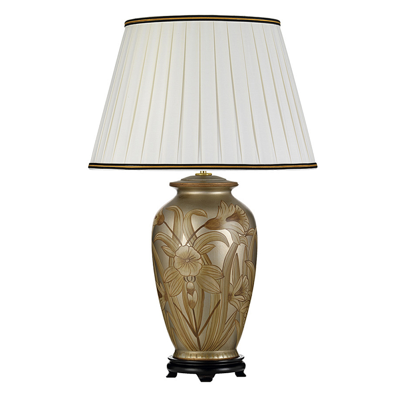 Настольная лампа восточная с основанием из керамики серебряная с цветочным и лиственным декором и белым плиссированным абажуром Elstead Lighting Серебряный Бежевый Черный Золотой в Кирове | Loft Concept 
