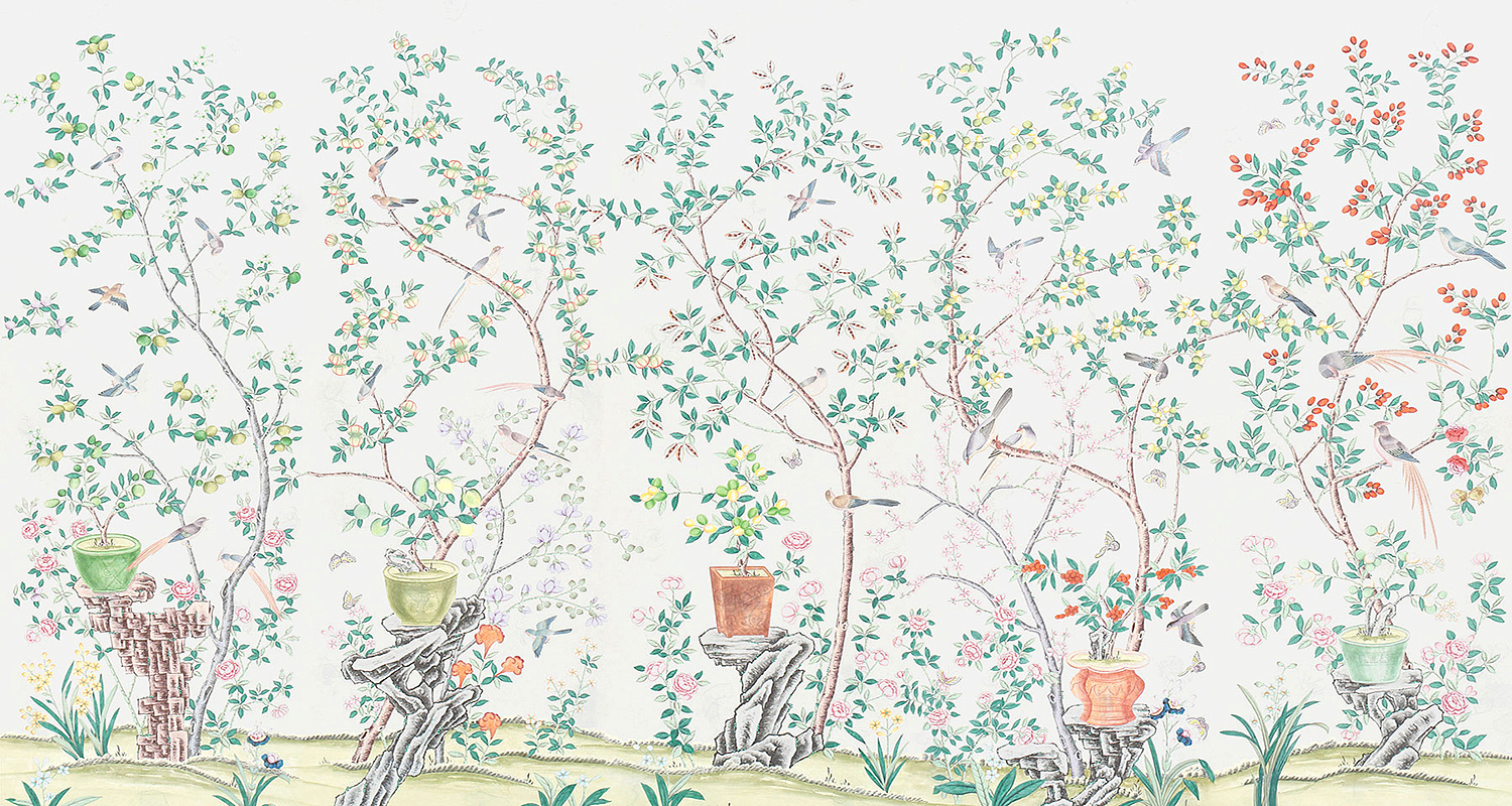 Обои ручная роспись Jardinieres & Citrus Trees Natural Mica Обои ручная роспись Jardinieres & Citrus Trees Natural Mica - Loft-Concept в Кирове