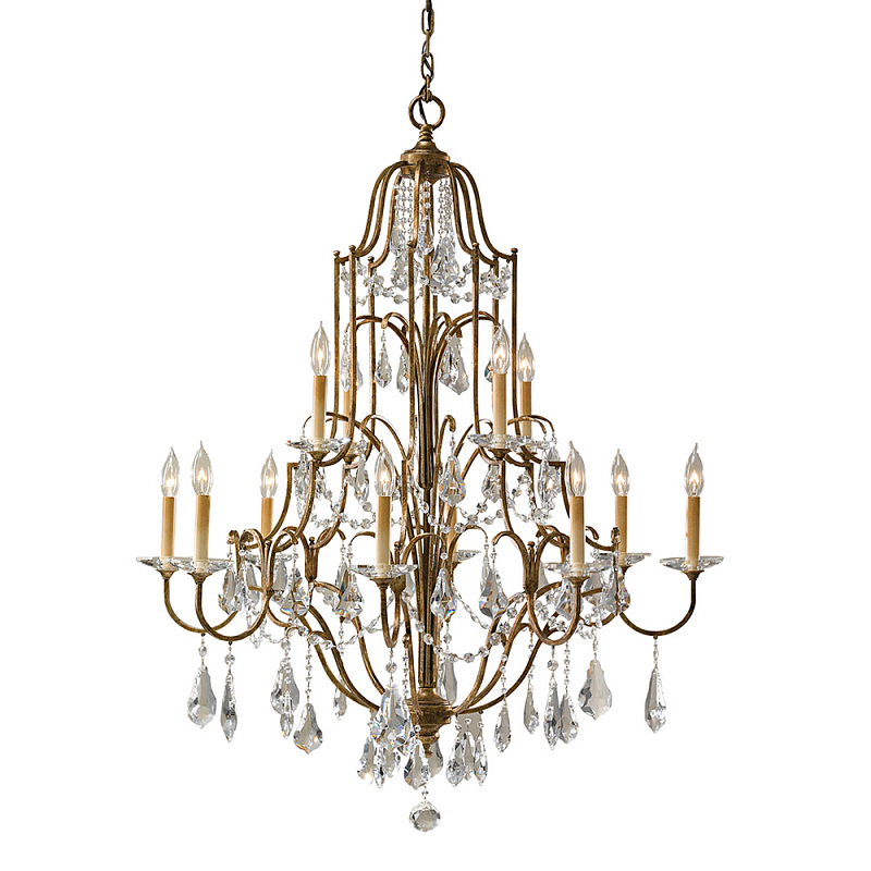 Люстра многоярусная с 12-ю лампами и стеклянными подвесками в классическом стиле Feiss Бронза Прозрачное Стекло в Кирове | Loft Concept 