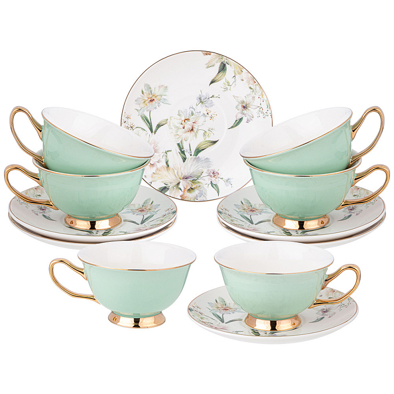 Чайный набор из фарфора на 6 персон Tea Porcelain Set Белый Золотой Зеленый Чайный набор из фарфора на 6 персон Tea Porcelain Set Белый Золотой Зеленый в Кирове | Loft Concept