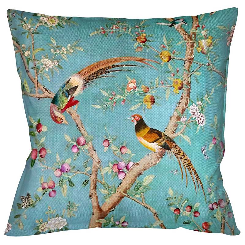 Подушка декоративная с изображением птиц в саду Chinoiserie Birds in the Peach Orchard Cushion Мульти Бирюзовый Подушка декоративная с изображением птиц в саду Chinoiserie Birds in the Peach Orchard Cushion Мульти Бирюзовый в Кирове | Loft Concept