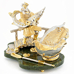 Икорница с ложкой с декором "Дед с осетром" с гравировкой на подставке из натурального камня Нефрит Decorative Cavair Dishes варинант исполнения - 1 | Loft Concept в Кирове