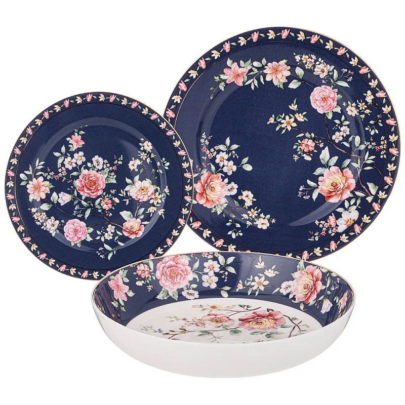 Набор посуды обеденный из фарфора на 6 персон 18 предметов Flower Porcelain Collection Синий Красный Зеленый Набор посуды обеденный из фарфора на 6 персон 18 предметов Flower Porcelain Collection Синий Красный Зеленый в Кирове | Loft Concept