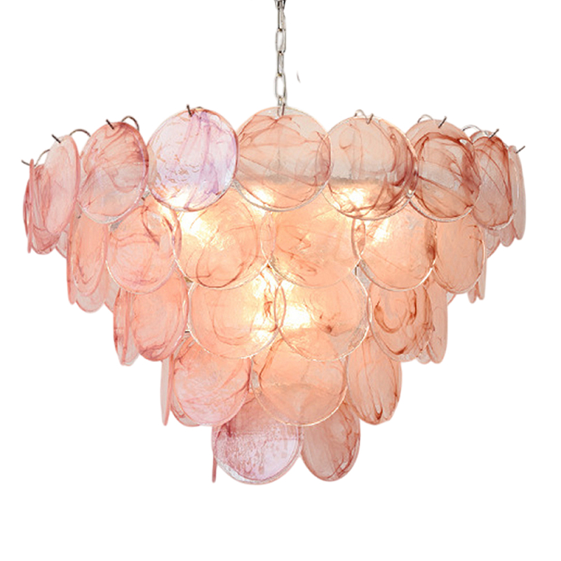 Люстра с каскадом из круглых розовых стеклянных дисков Pink Light Waterfall Розовый Хром в Кирове | Loft Concept 