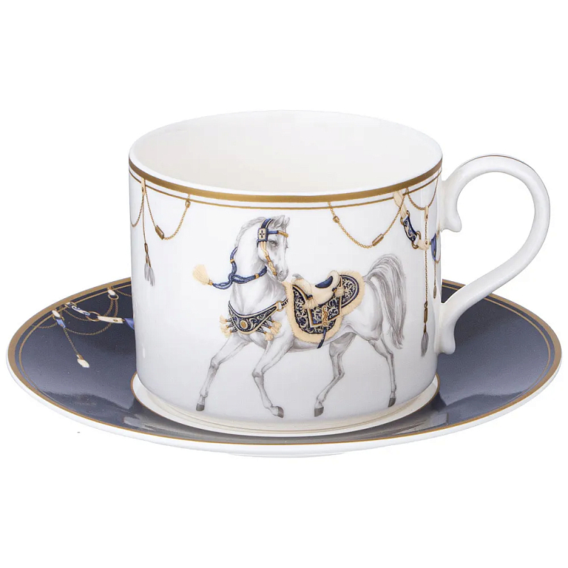 Чайная пара из фарфора с изображением лошади 300 мл Porcelain Horse Set 2 Белый Синий Золотой в Кирове | Loft Concept 