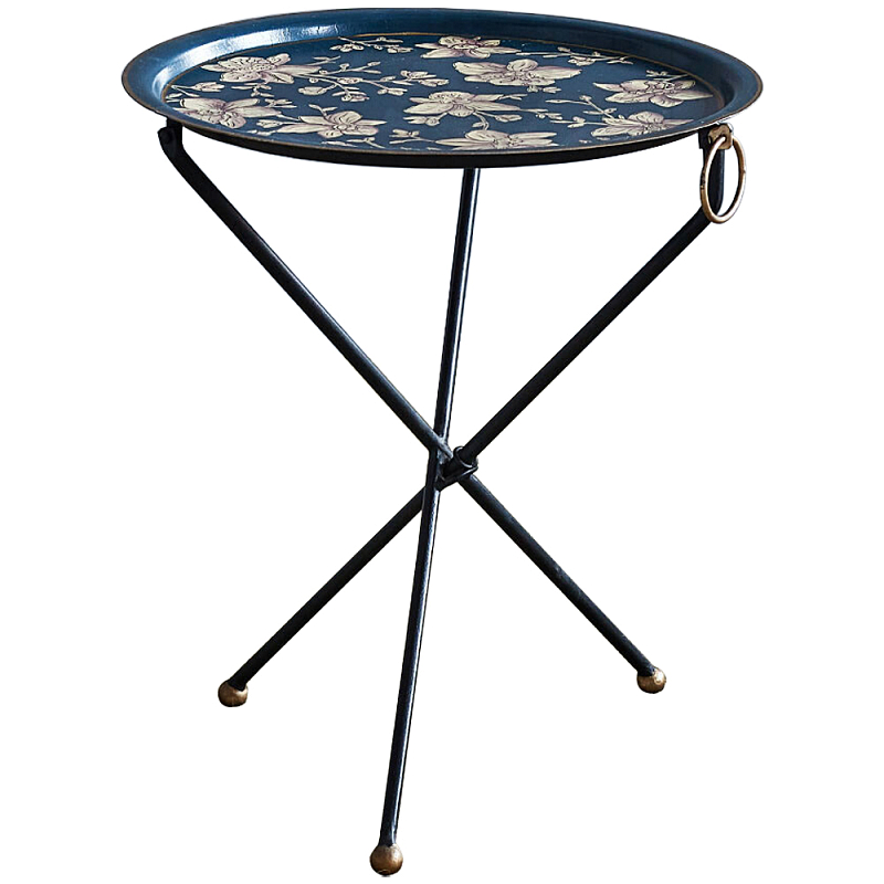 Круглый приставной столик складной Chinoiserie Flowers Side Table Синий Бежевый Латунь Круглый приставной столик складной Chinoiserie Flowers Side Table Синий Бежевый Латунь в Кирове | Loft Concept