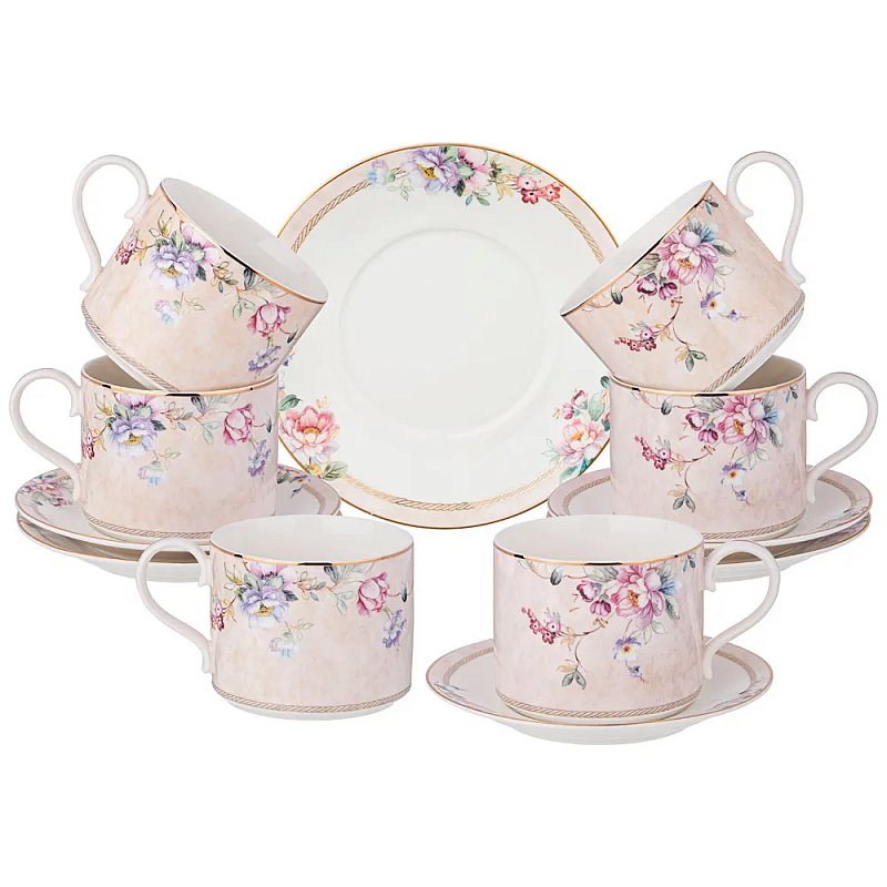 Чайный набор из фарфора с цветочным принтом на 6 персон 12 предметов Flower Porcelain Collection Розовый Мульти Чайный набор из фарфора с цветочным принтом на 6 персон 12 предметов Flower Porcelain Collection Розовый Мульти в Кирове | Loft Concept