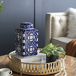 Ваза прямоугольной формы с крышкой и геометрическим узором в сине-белых цветах Blue & White Ornament  варинант исполнения - 7 | Loft Concept в Кирове