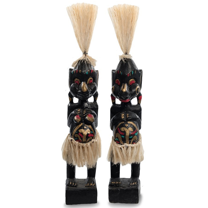 Комплект из 2-х деревянных статуэток Asmat Straw Headdress Statuettes Multicolor Мульти Черный Синий Красный Комплект из 2-х деревянных статуэток Asmat Straw Headdress Statuettes Multicolor Мульти Черный Синий Красный в Кирове | Loft Concept