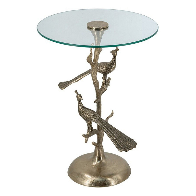 Столик с круглой стеклянной столешницей и корпусом в виде двух павлинов на ветке Table Two Peacocks Золотой Прозрачный в Кирове | Loft Concept 