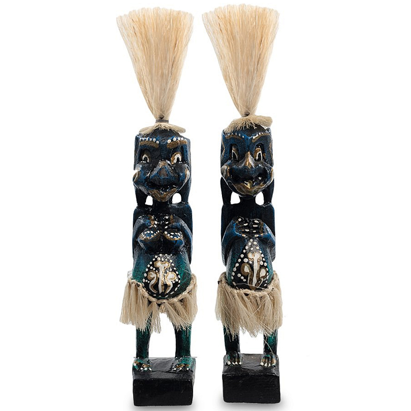 Комплект из 2-х деревянных статуэток Asmat Straw Headdress Statuettes Dark Blue Темно-синий Бирюзовый Черный Бежевый Комплект из 2-х деревянных статуэток Asmat Straw Headdress Statuettes Dark Blue Темно-синий Бирюзовый Черный Бежевый в Кирове | Loft Concept