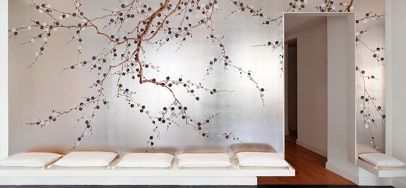 Обои ручная роспись Plum Blossom Lavender on Tarnished Silver gilded paper Обои ручная роспись Plum Blossom Lavender on Tarnished Silver gilded paper - Loft-Concept в Кирове
