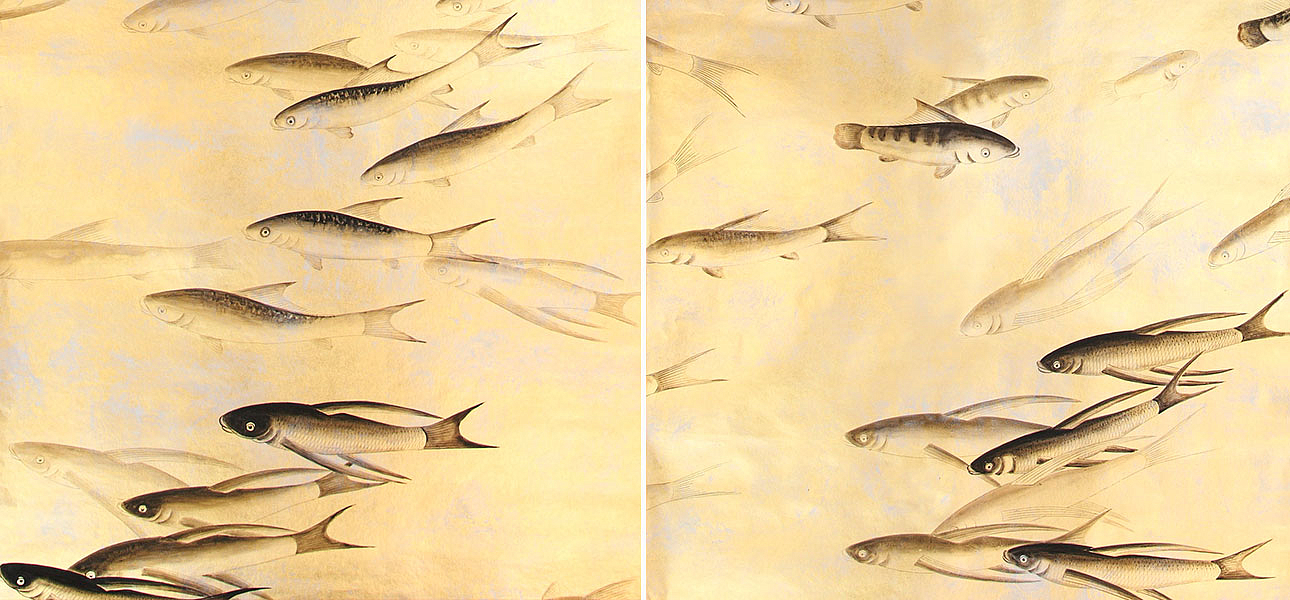 Обои ручная роспись Fishes Original colourway on Deep Rich Gold gilded paper with d?sargenter pearlescent antiquing Обои ручная роспись Fishes Original colourway on Deep Rich Gold gilded paper with d?sargenter pearlescent antiquing - Loft-Concept в Кирове