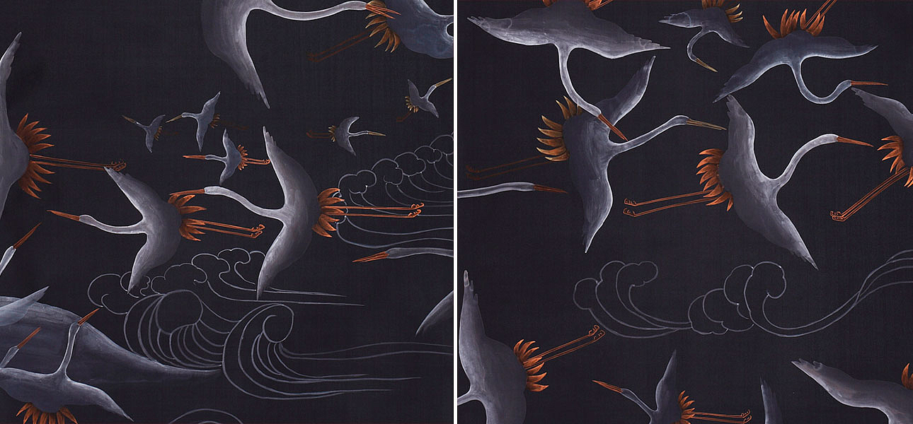 Обои ручная роспись Cranes Scroll Limewash on Pitch dyed silk Обои ручная роспись Cranes Scroll Limewash on Pitch dyed silk - Loft-Concept в Кирове