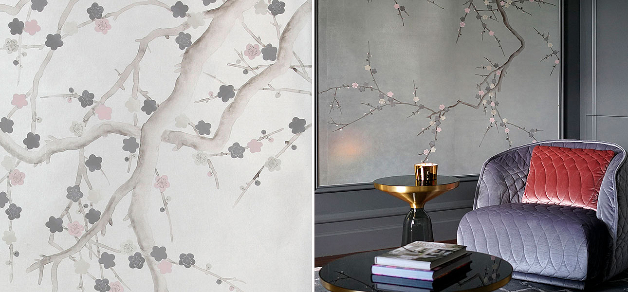 Обои ручная роспись Plum Blossom Colourway SC-233 on Sterling Silver gilded silk Обои ручная роспись Plum Blossom Colourway SC-233 on Sterling Silver gilded silk - Loft-Concept в Кирове