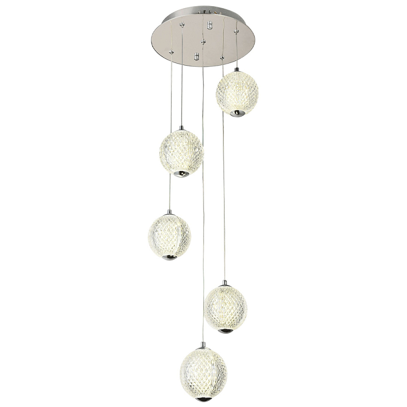 Каскадная люстра с 5-ю плафонами из акрила в виде шара Felice Chandelier Chrome Хром Прозрачный Каскадная люстра с 5-ю плафонами из акрила в виде шара Felice Chandelier Chrome Хром Прозрачный в Кирове | Loft Concept