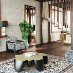 Дизайнерский журнальный стол округлой формы чёрный с золотой столешницей Fufem варинант исполнения - 3 | Loft Concept в Кирове