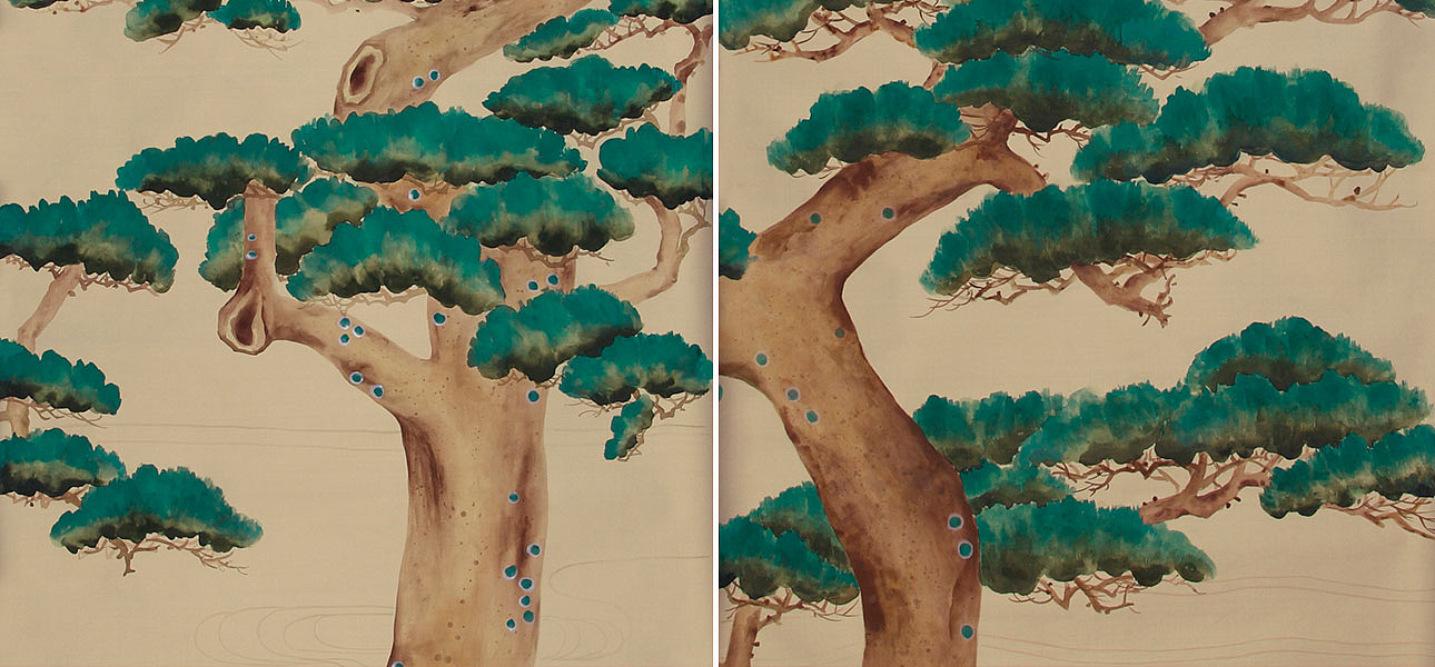 Обои ручная роспись Pine Trees Original colourway on New Faint Gold metallic silk Обои ручная роспись Pine Trees Original colourway on New Faint Gold metallic silk - Loft-Concept в Кирове