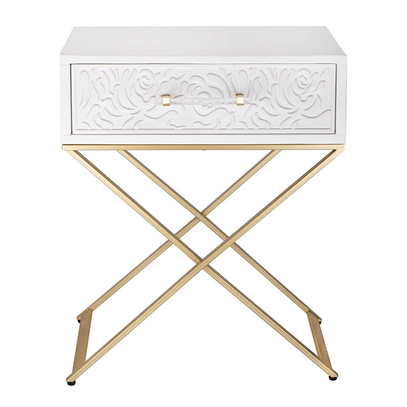 Приставной столик с выдвижным ящиком  White Table Carved Pattern Белый Золотой в Кирове | Loft Concept 