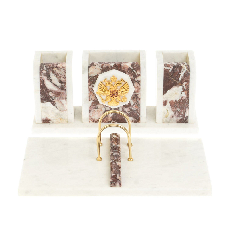 Настольный письменный набор из мрамора и креноида с гербом России Marble Accessory Белый Золотой Креноид в Кирове | Loft Concept 