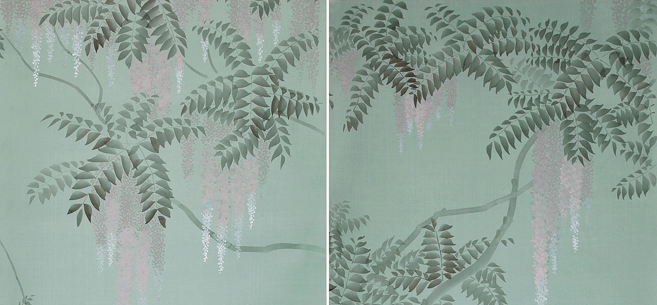 Обои в Японском стиле Wisteria Special Colourway on Blue Grey dyed silk Обои в Японском стиле Wisteria Special Colourway on Blue Grey dyed silk - Loft-Concept в Кирове