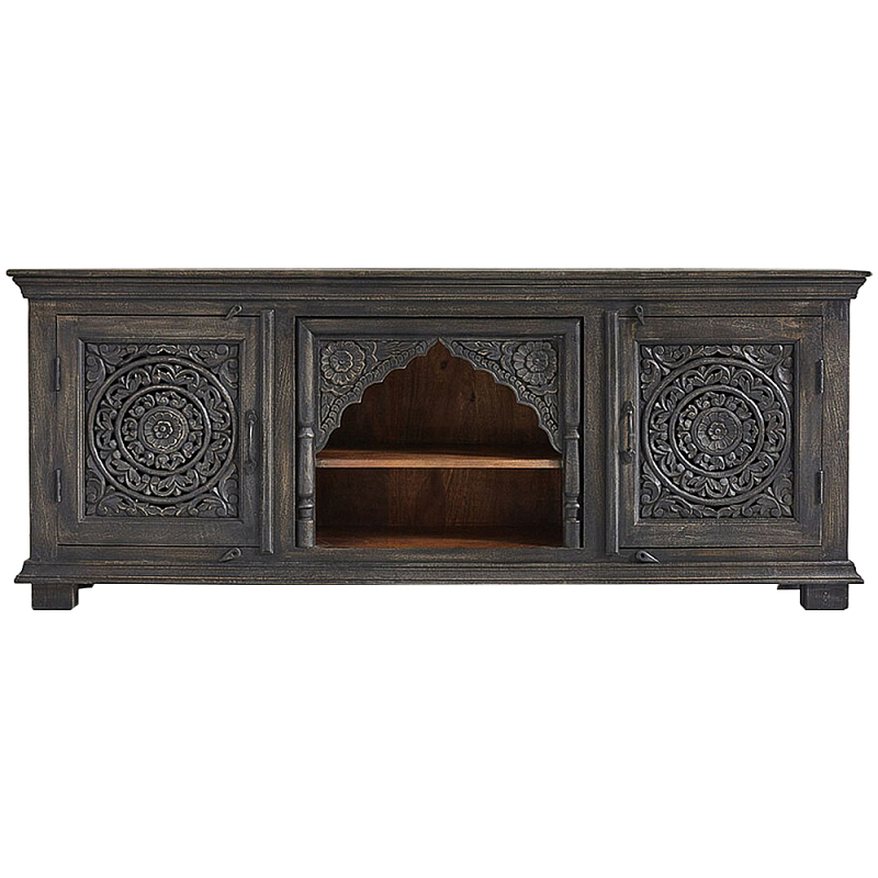 Деревянная ТВ-тумба из массива манго с резьбой Essua Grey Mango TV stand Темно-серый Коричневый Деревянная ТВ-тумба из массива манго с резьбой Essua Grey Mango TV stand Темно-серый Коричневый в Кирове | Loft Concept