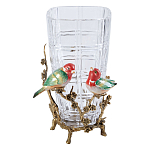 Ваза стеклянная прозрачная с бронзовым основанием в виде ветвей и фарфоровыми птичками Eden Garden варинант исполнения - 1 | Loft Concept в Кирове