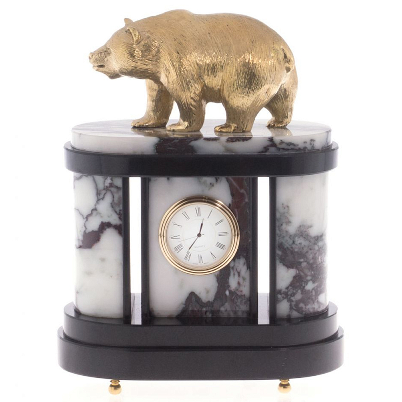 Часы настольные бронзовые с декором в виде медведя Bear Stone Clock Черный Бронза Коричневый Белый Часы настольные бронзовые с декором в виде медведя Bear Stone Clock Черный Бронза Коричневый Белый в Кирове | Loft Concept