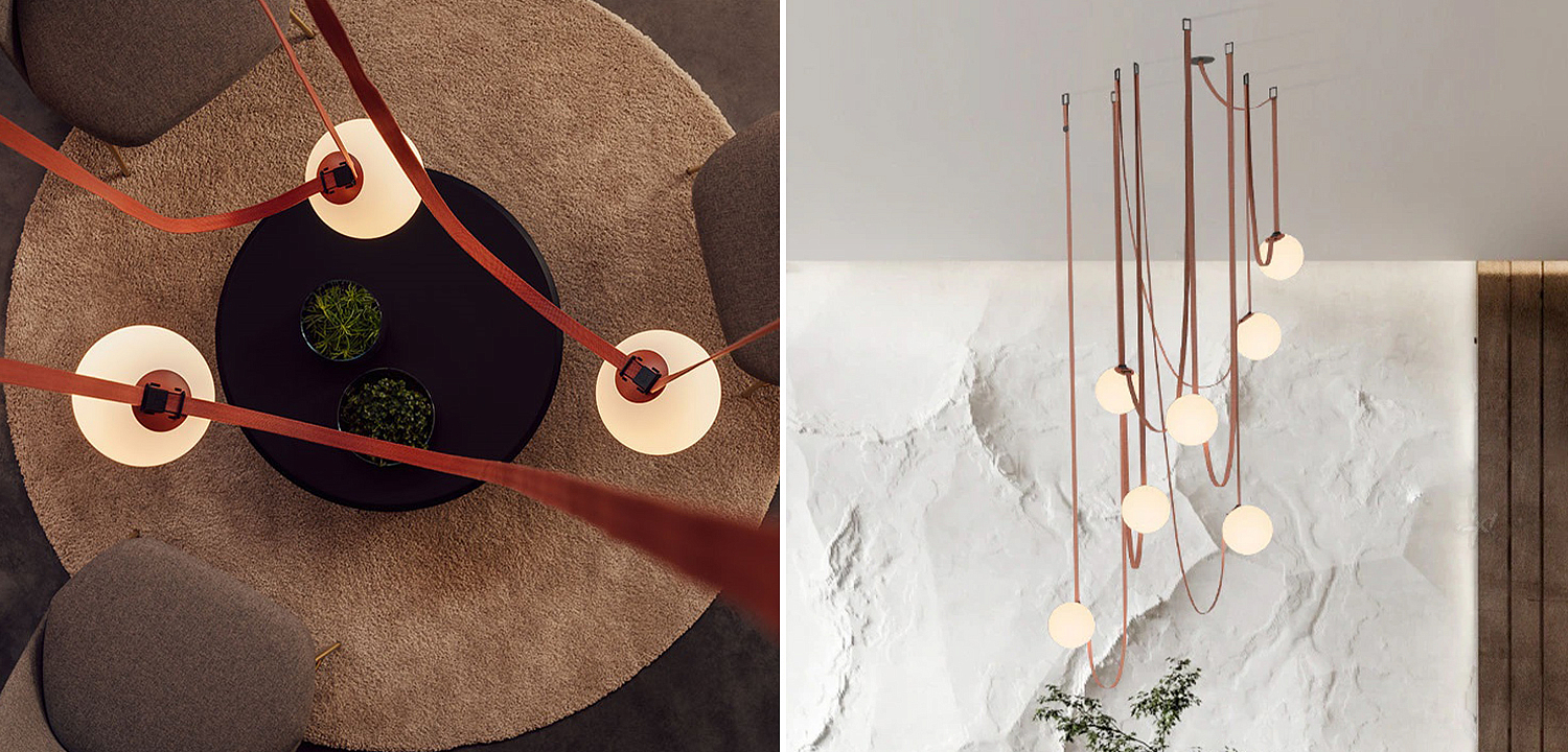 Vibia PLUSMINUS Серия подвесных светильников с белыми шарообразными плафонами из стекла на красных текстильных ремнях Vibia PLUSMINUS Серия подвесных светильников с белыми шарообразными плафонами из стекла на красных текстильных ремнях - Loft-Concept в Кирове