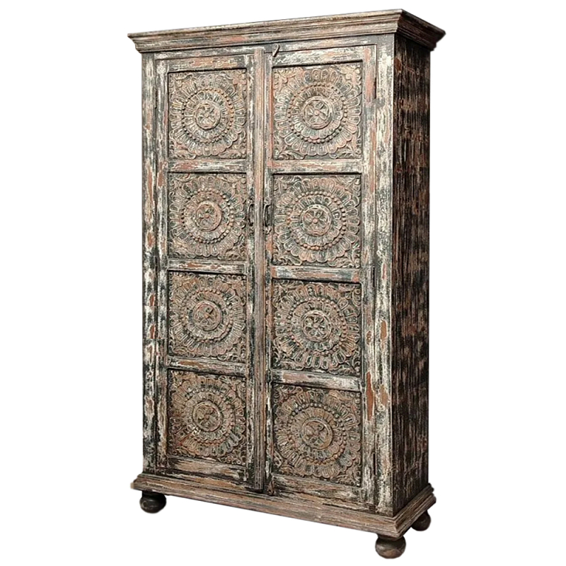 Индийский шкаф с орнаментом резьба из дерева Indian Antique Furniture  Серый в Кирове | Loft Concept 