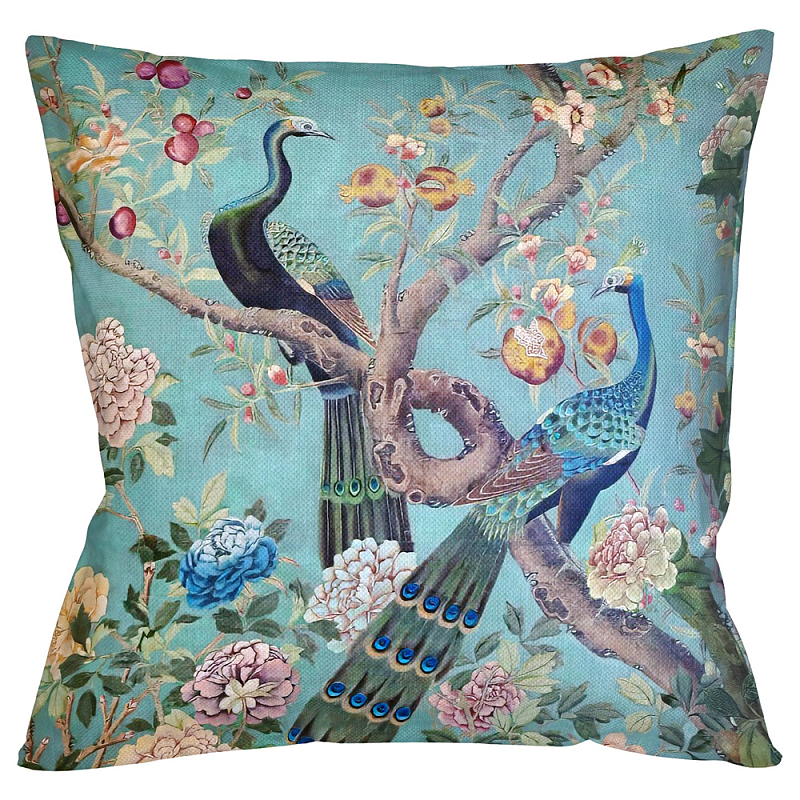 Подушка декоративная с изображением птиц в саду Chinoiserie Garden Two Peacocks Cushion Бирюзовый Мульти Подушка декоративная с изображением птиц в саду Chinoiserie Garden Two Peacocks Cushion Бирюзовый Мульти в Кирове | Loft Concept