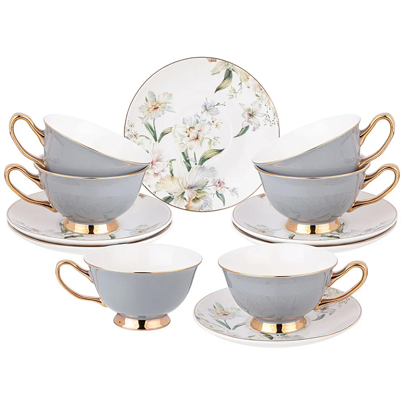 Чайный набор из фарфора на 6 персон Grey Tea Porcelain Set Белый Золотой Серый Чайный набор из фарфора на 6 персон Grey Tea Porcelain Set Белый Золотой Серый в Кирове | Loft Concept