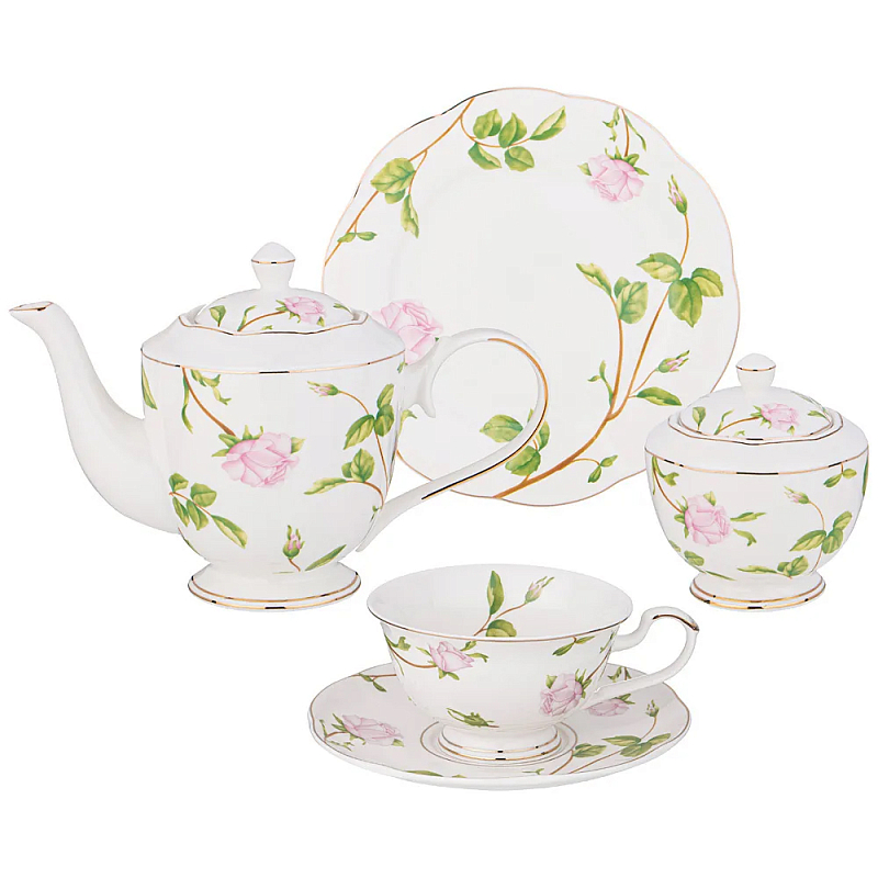 Чайный сервиз из фарфора белый с цветочным принтом на 6 персон 20 предметов Flower Porcelain Collection Белый Мульти Чайный сервиз из фарфора белый с цветочным принтом на 6 персон 20 предметов Flower Porcelain Collection Белый Мульти в Кирове | Loft Concept