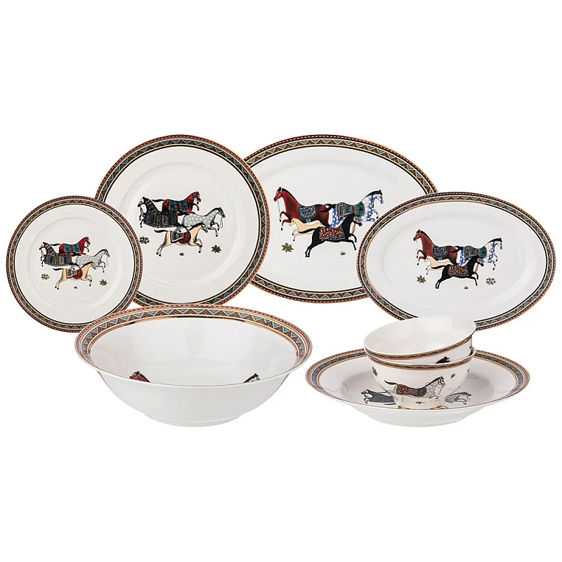 Сервиз обеденный из фарфора с изображением лошадей на 6 персон 23 предмета Porcelain Horse Set Белый Мульти Сервиз обеденный из фарфора с изображением лошадей на 6 персон 23 предмета Porcelain Horse Set Белый Мульти в Кирове | Loft Concept