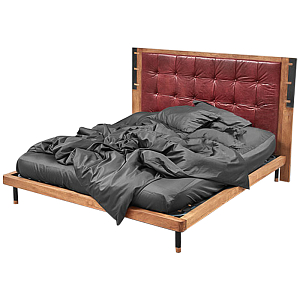 Кровать деревянная с изголовьем из натуральной кожи Kearns Bed
