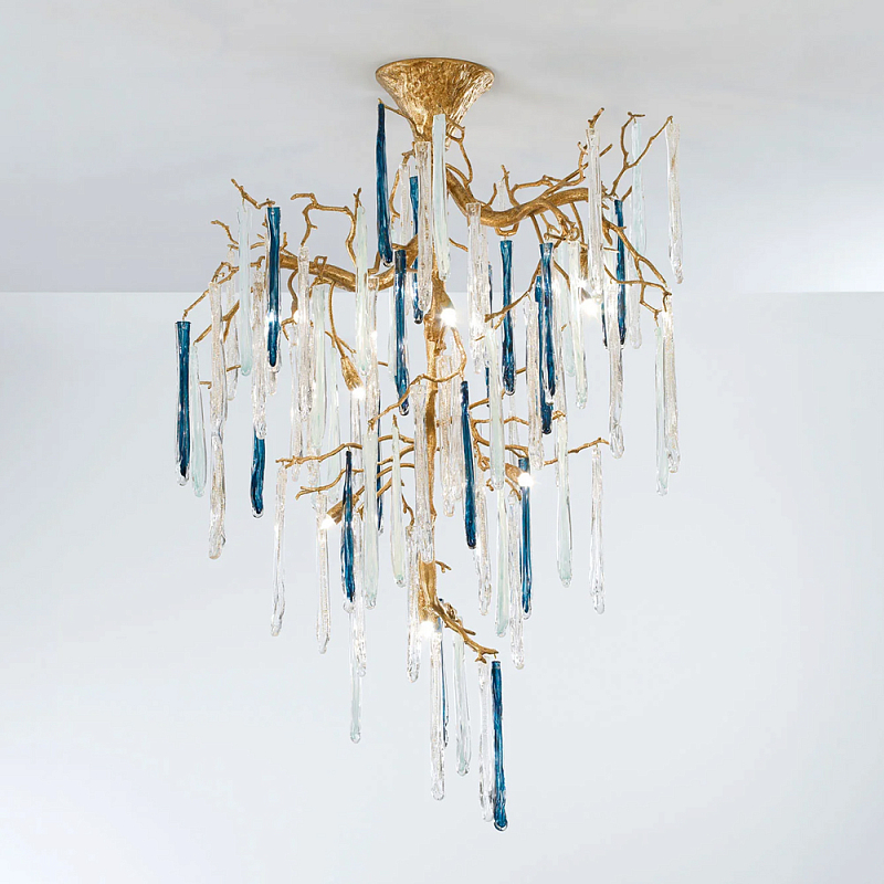 Люстра с прозрачными и голубыми подвесками в форме капель Droplet Chandelier Золотой Прозрачный Синий Люстра с прозрачными и голубыми подвесками в форме капель Droplet Chandelier Золотой Прозрачный Синий в Кирове | Loft Concept