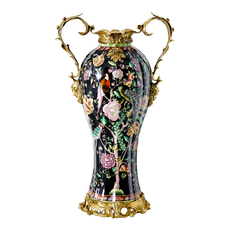 Ваза из фарфора черная с цветочной росписью и бронзовыми элементами Spring Garden Бронза Мульти Черный в Кирове | Loft Concept 