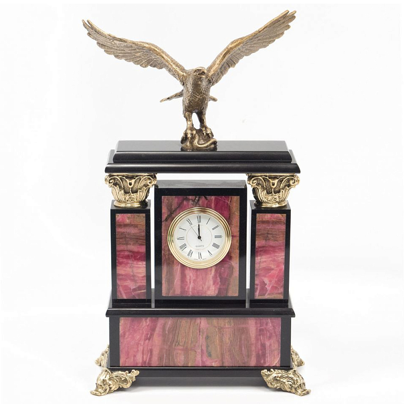 Часы настольные из родонита и бронзы с декором в виде орла Eagle Stone Clock Розовый Бронза Черный в Кирове | Loft Concept 